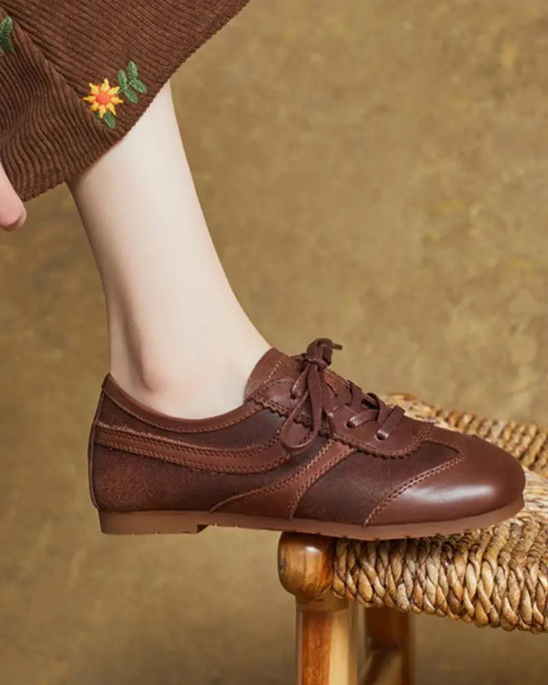 Retro Brown Nappa Leather Vintage Lace-Up Sneakers Tektoty