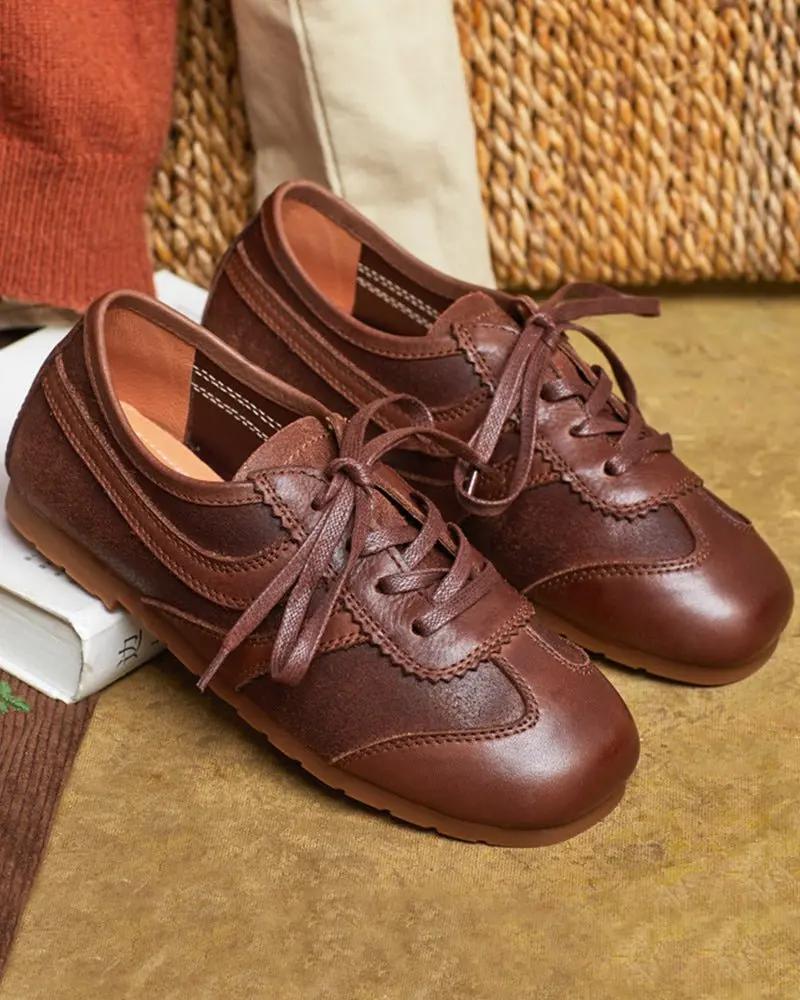 Retro Brown Nappa Leather Vintage Lace-Up Sneakers Tektoty