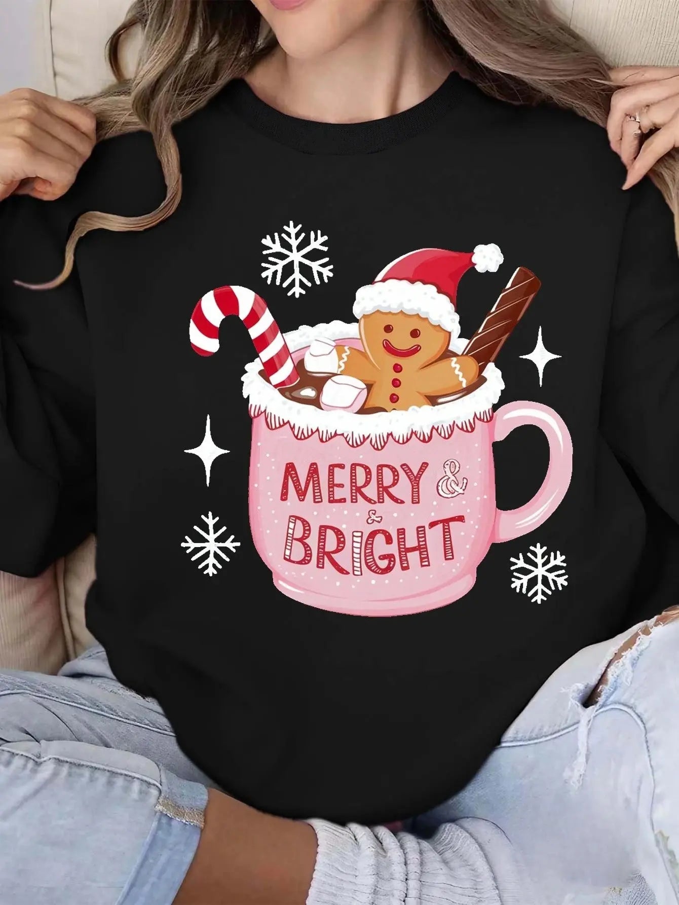 MERRY BRIGHT Christmas Gingerbread Printed Hoodie Autumn and Winter Women's Round Neck Top Long Sleeved Pullover Casual Clothing Tektoty