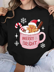 MERRY BRIGHT Christmas Gingerbread Printed Hoodie Autumn and Winter Women's Round Neck Top Long Sleeved Pullover Casual Clothing Tektoty