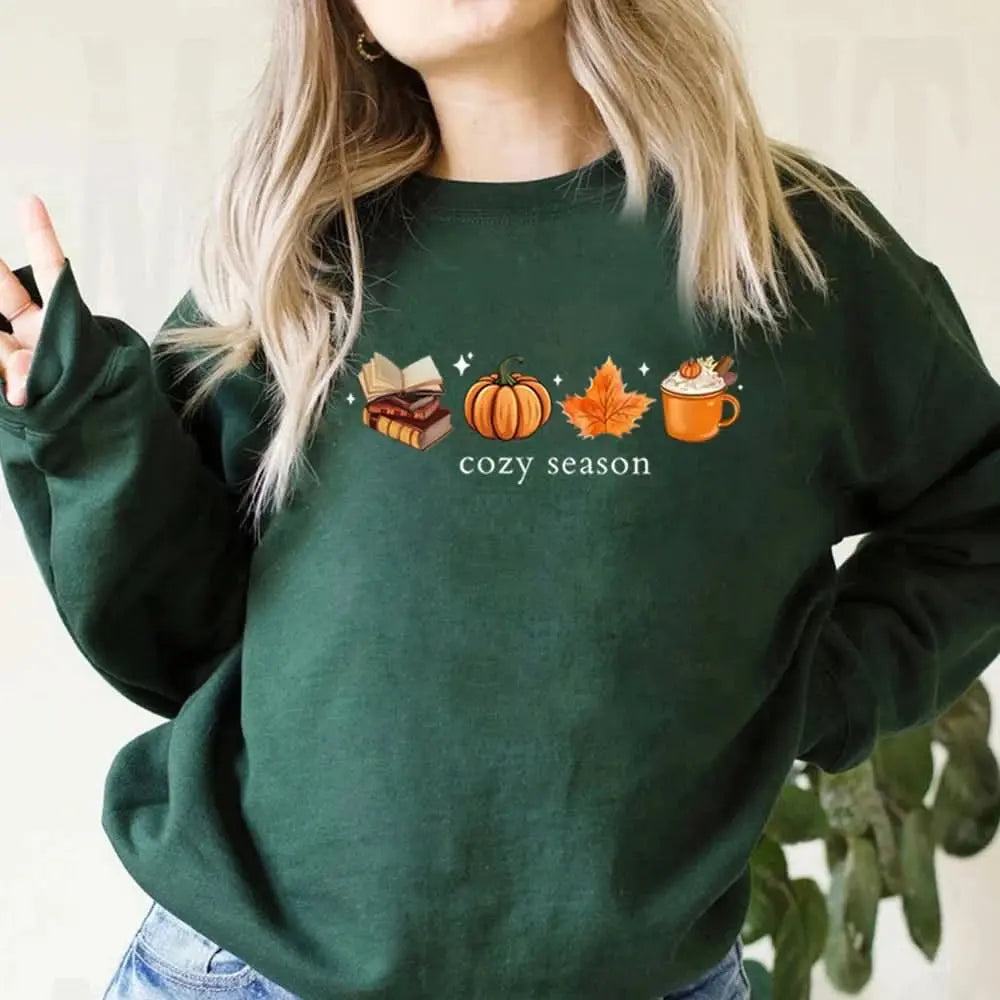 Cozy Season Sweatshirt - Fall Pumpkin Spice Coffee & Books Lover Pullover - Women's Tektoty