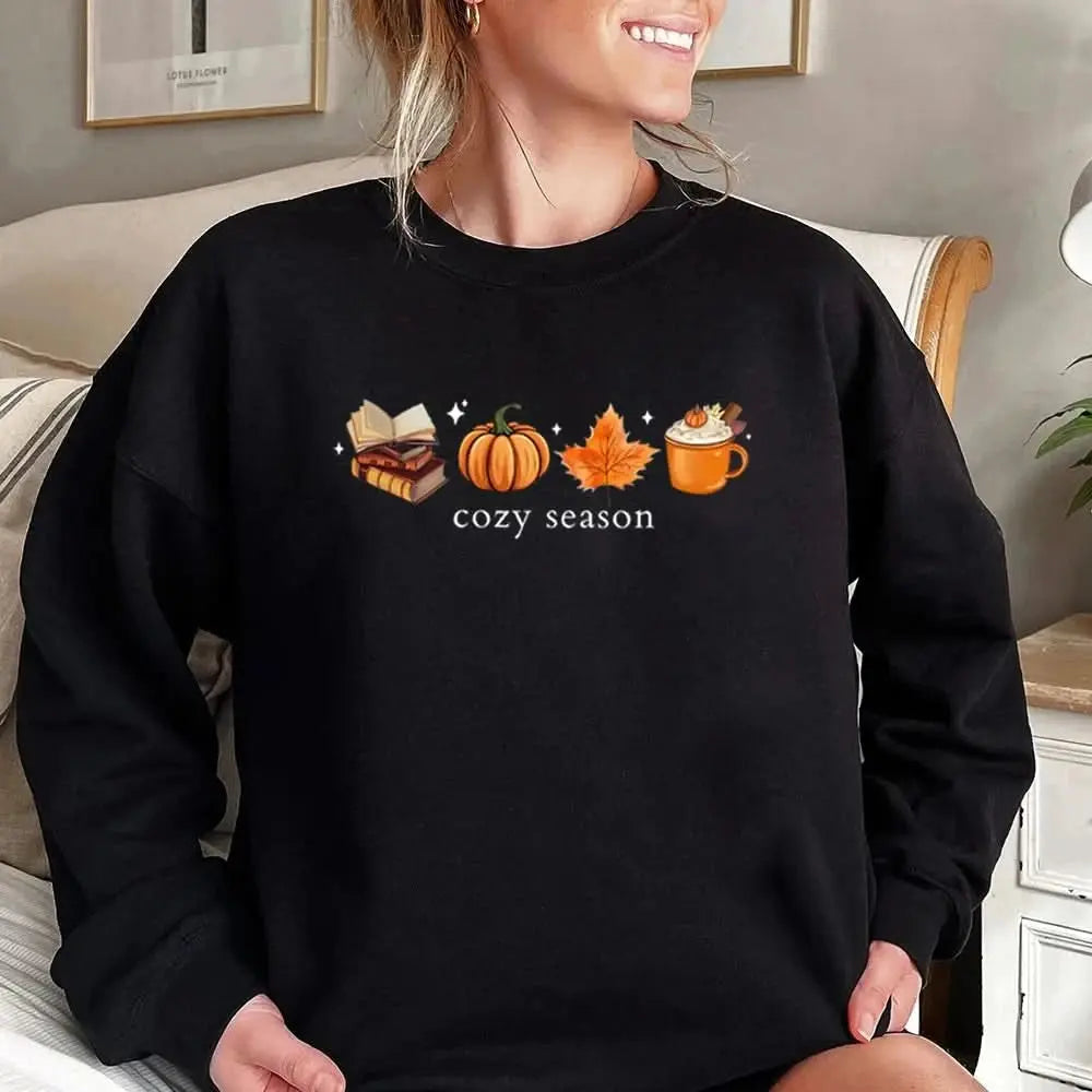 Cozy Season Sweatshirt - Fall Pumpkin Spice Coffee & Books Lover Pullover - Women's Tektoty