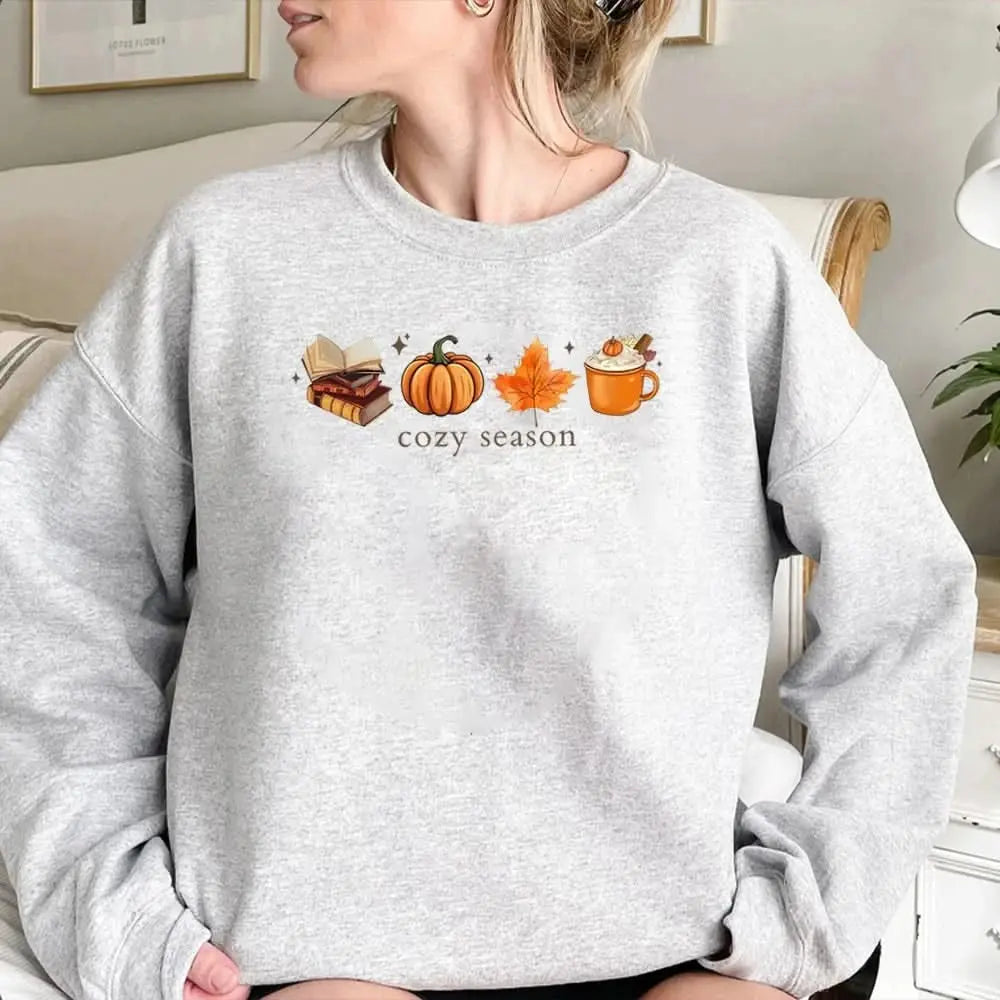 Cozy Season Sweatshirt - Fall Pumpkin Spice Coffee & Books Lover Pullover - Women's Tektoty