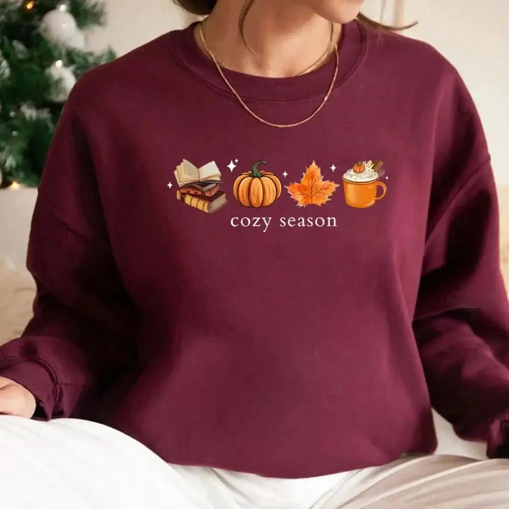 Cozy Season Sweatshirt - Fall Pumpkin Spice Coffee & Books Lover Pullover - Women's Tektoty