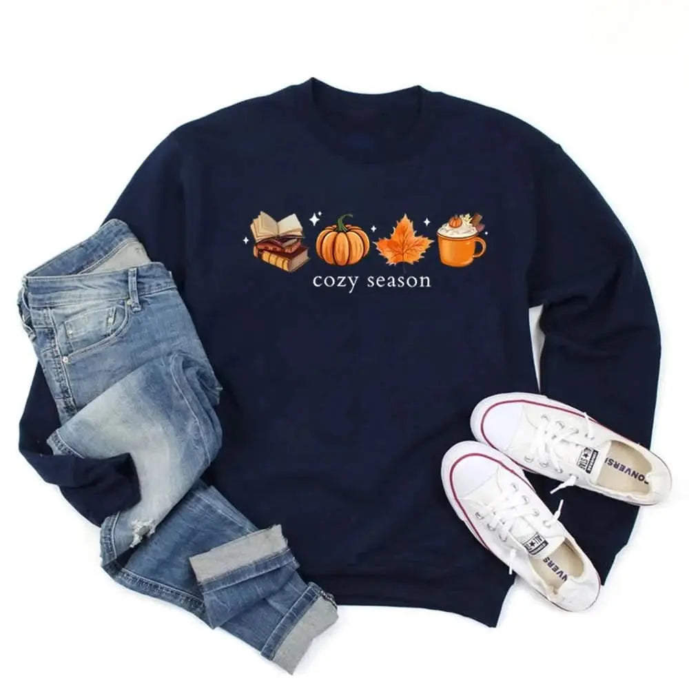 Cozy Season Sweatshirt - Fall Pumpkin Spice Coffee & Books Lover Pullover - Women's Tektoty