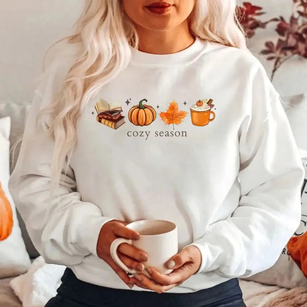 Cozy Season Sweatshirt - Fall Pumpkin Spice Coffee & Books Lover Pullover - Women's Tektoty
