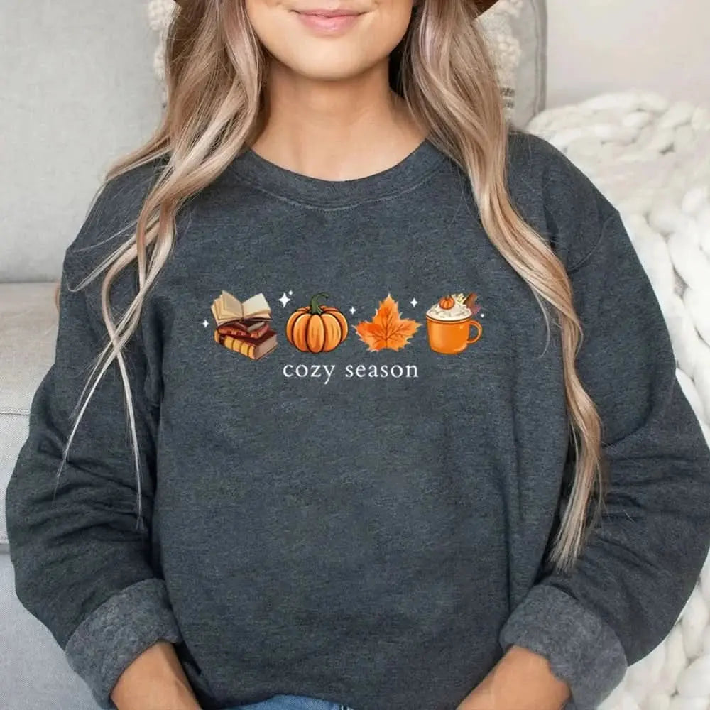 Cozy Season Sweatshirt - Fall Pumpkin Spice Coffee & Books Lover Pullover - Women's Tektoty