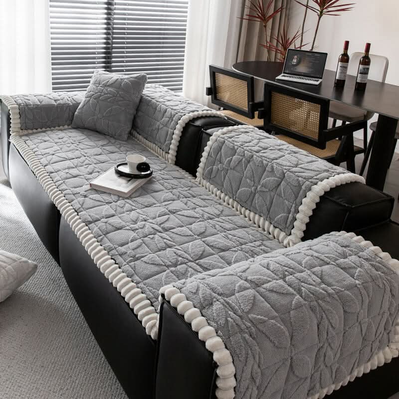 Thickened Short Plush Leaf Pattern Scratch Resistant Non-Slip Couch Cover Tektoty