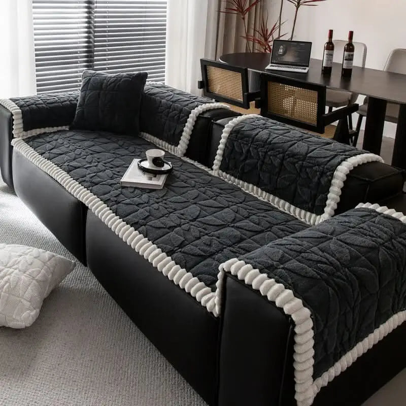 Thickened Short Plush Leaf Pattern Scratch Resistant Non-Slip Couch Cover Tektoty