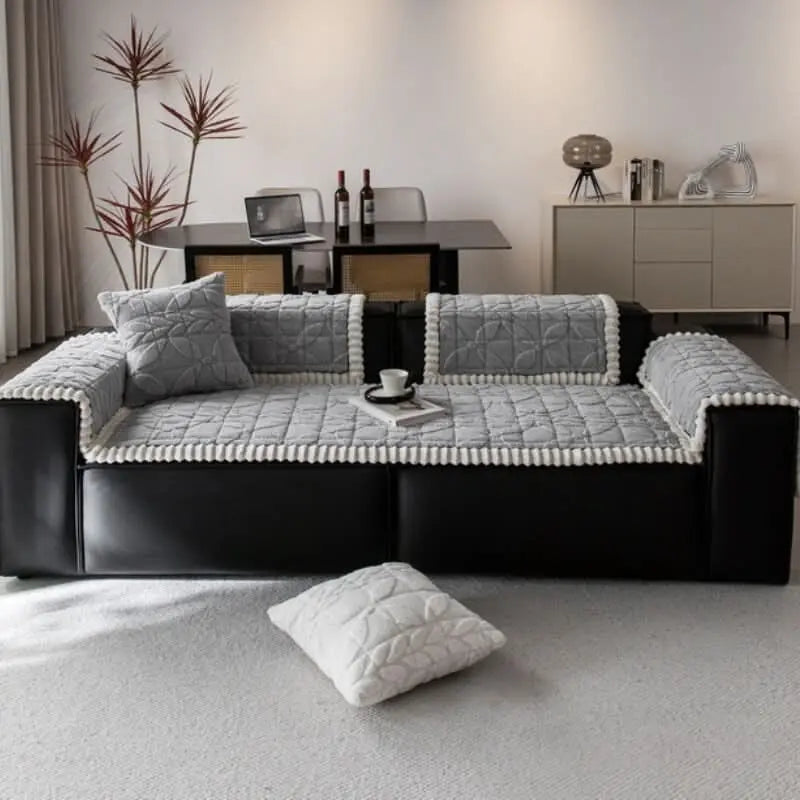 Thickened Short Plush Leaf Pattern Scratch Resistant Non-Slip Couch Cover Tektoty