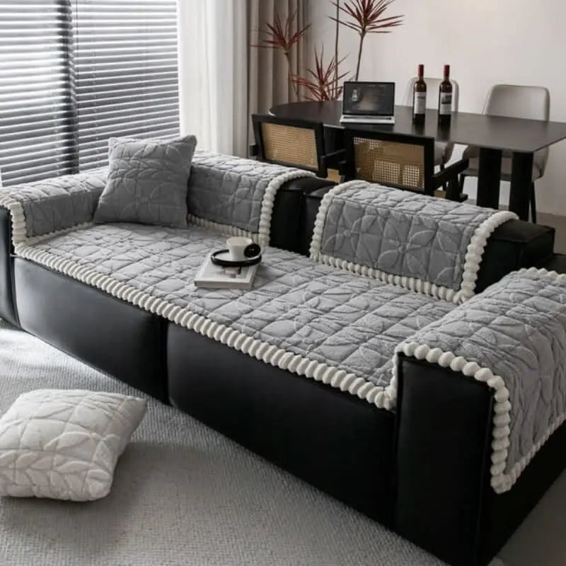 Thickened Short Plush Leaf Pattern Scratch Resistant Non-Slip Couch Cover Tektoty