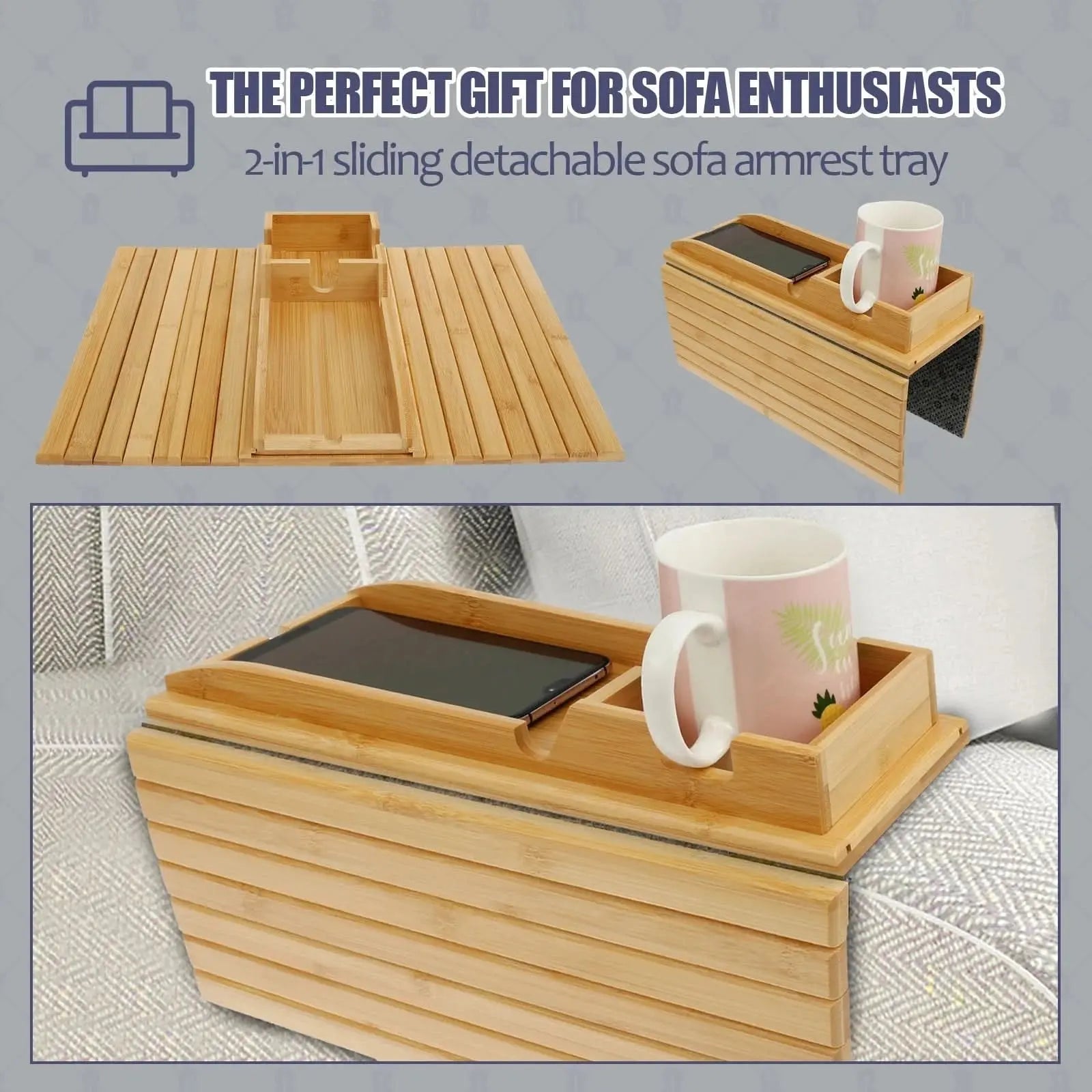 Bamboo Sofa Cup Holder Tray Tektoty