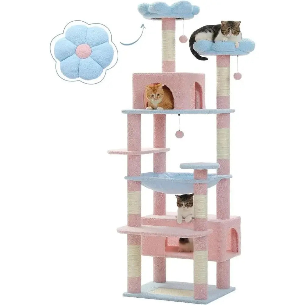 Flower Cat Tree 72" Large Cat Tower with Steel Hammock & Condos, Blue Tektoty