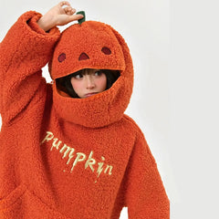 Women's Halloween Pumpkin Sweatshirt, Loose Fleece Hoodie for Autumn, Orange Tektoty