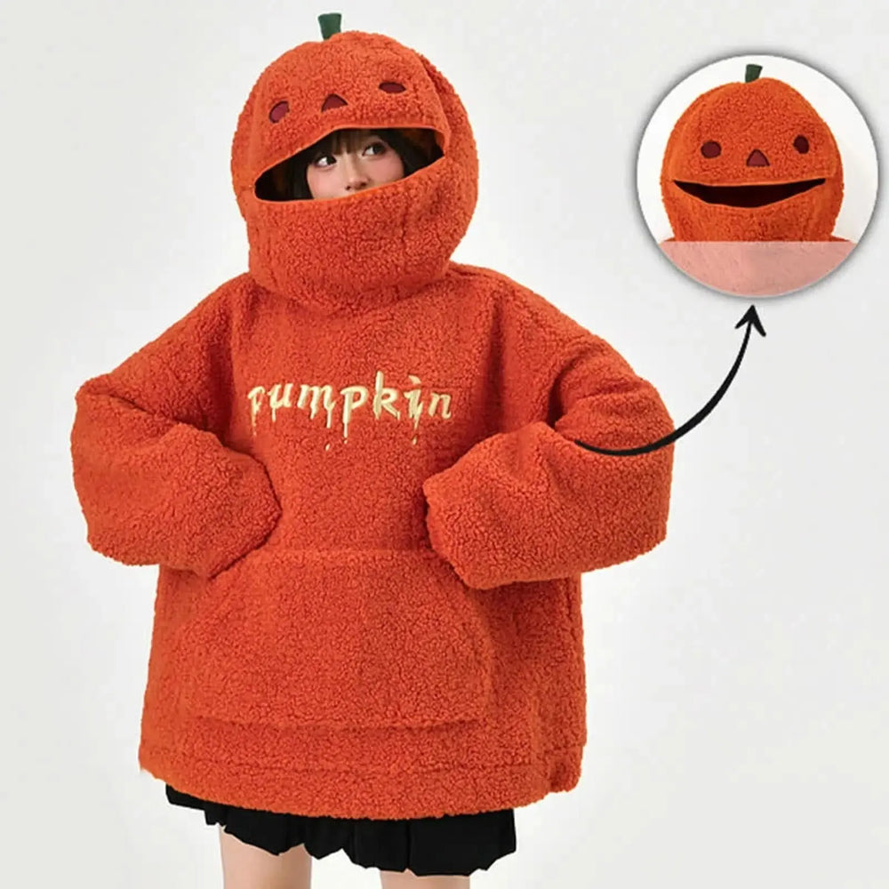 Women's Halloween Pumpkin Sweatshirt, Loose Fleece Hoodie for Autumn, Orange Tektoty