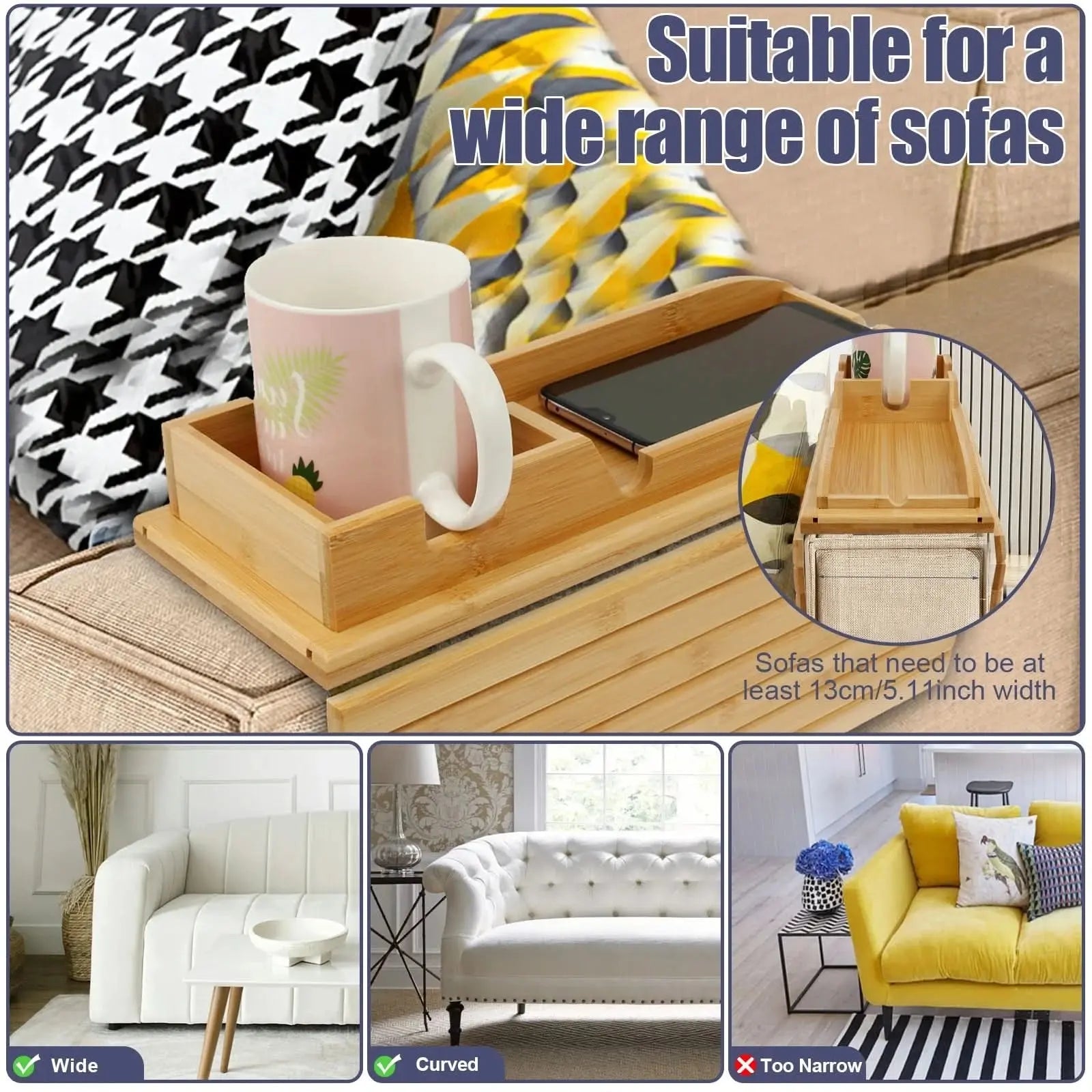 Bamboo Sofa Cup Holder Tray Tektoty