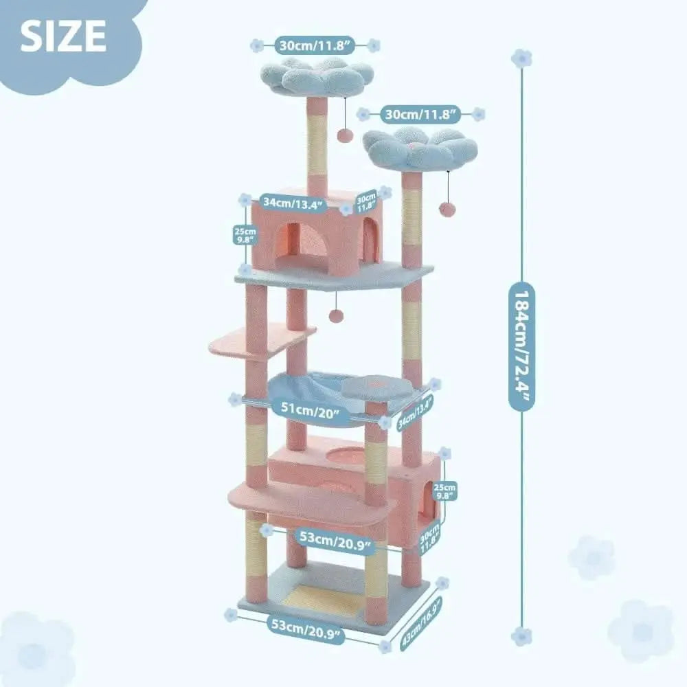 Flower Cat Tree 72" Large Cat Tower with Steel Hammock & Condos, Blue Tektoty
