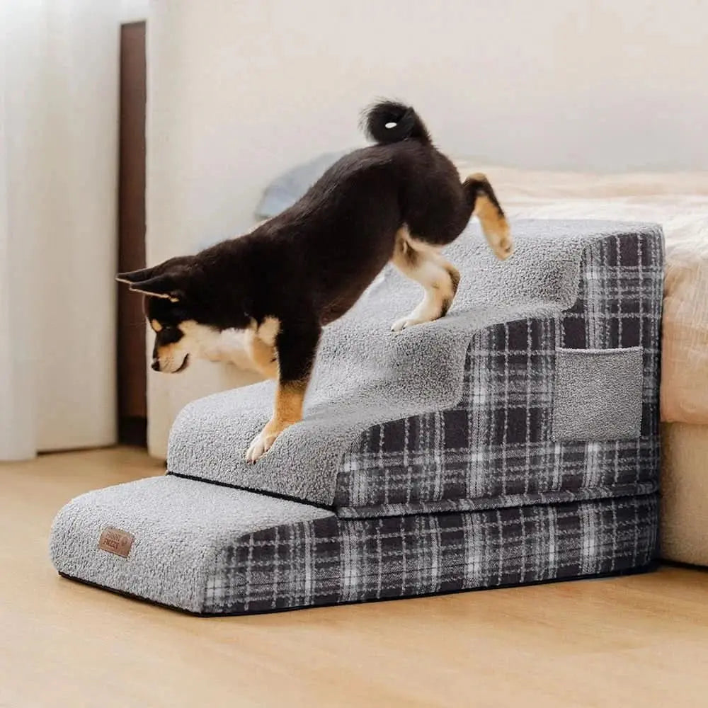 Plush Plaid High-Density Sponge Removable Pet Ramp Stairs - ComfyClimb Tektoty
