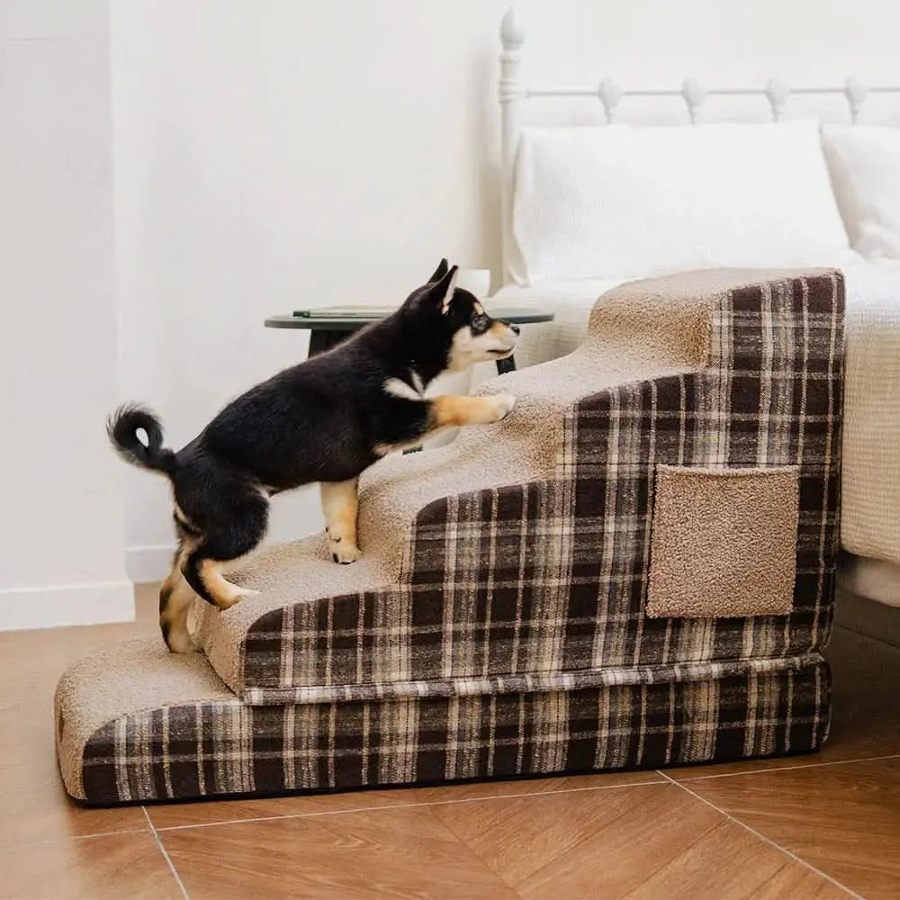 Plush Plaid High-Density Sponge Removable Pet Ramp Stairs - ComfyClimb Tektoty