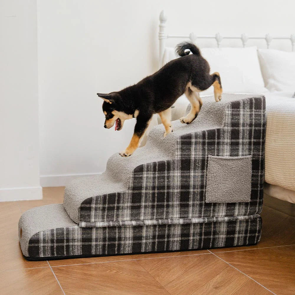 Plush Plaid High-Density Sponge Removable Pet Ramp Stairs - ComfyClimb